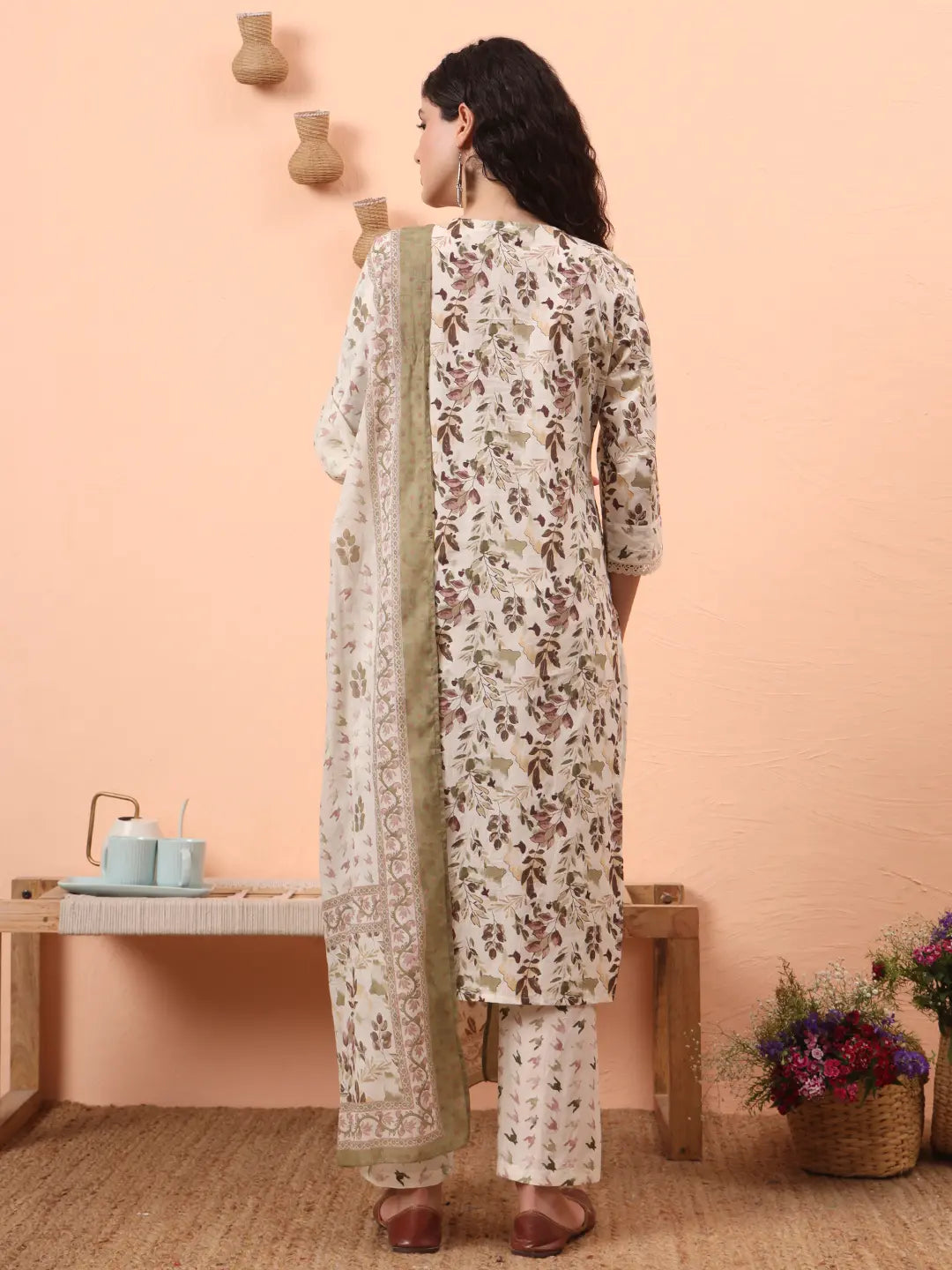 Green Straight Thread Work Kurta Trouser Dupatta Set