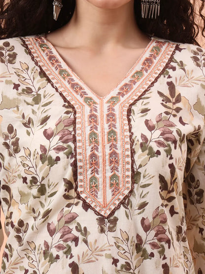 Green Straight Thread Work Kurta Trouser Dupatta Set