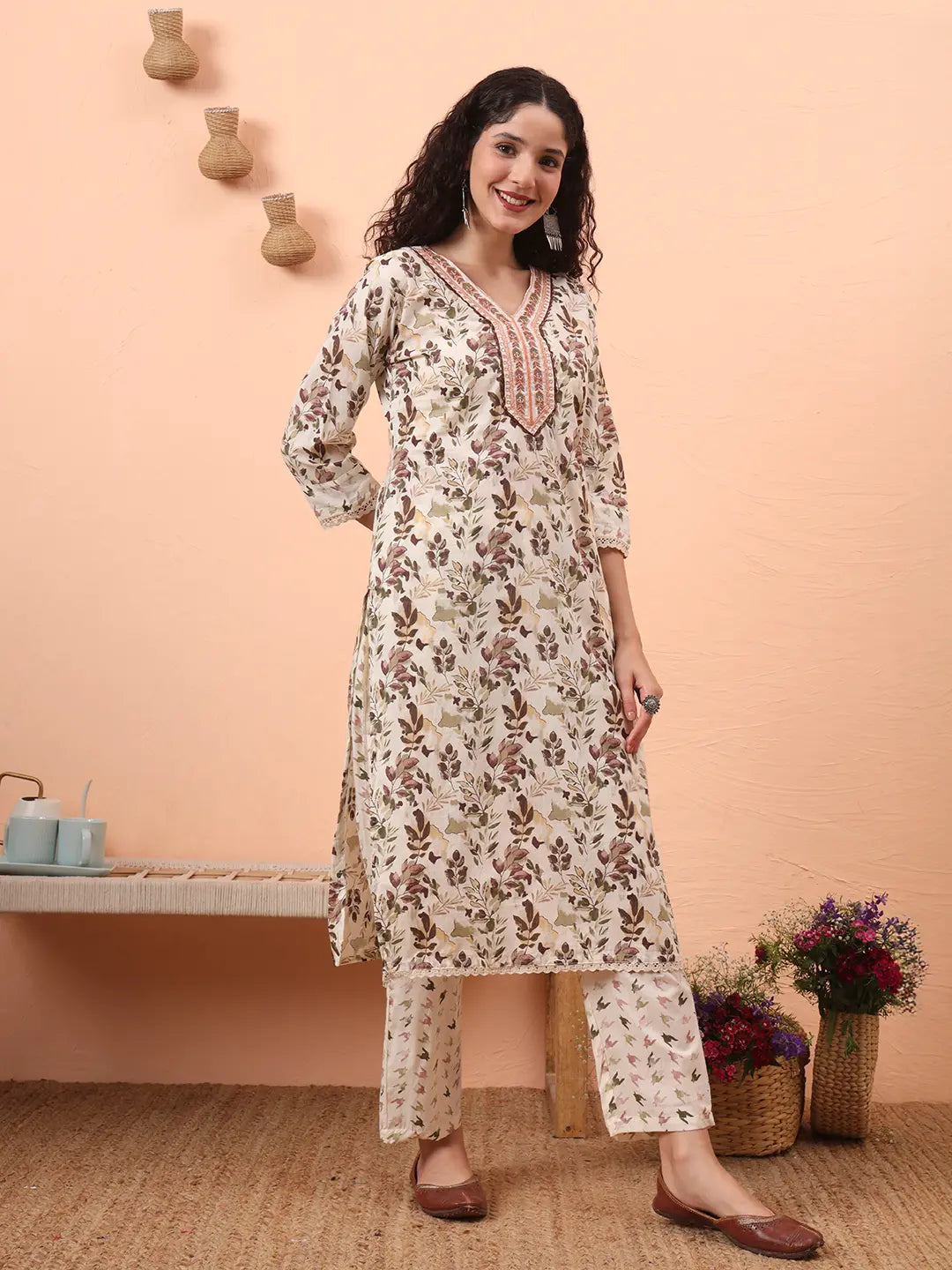 Green Straight Thread Work Kurta Trouser Dupatta Set