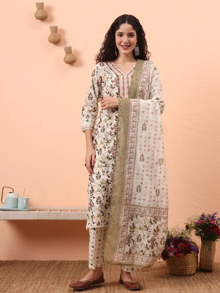 Green Straight Thread Work Kurta Trouser Dupatta Set