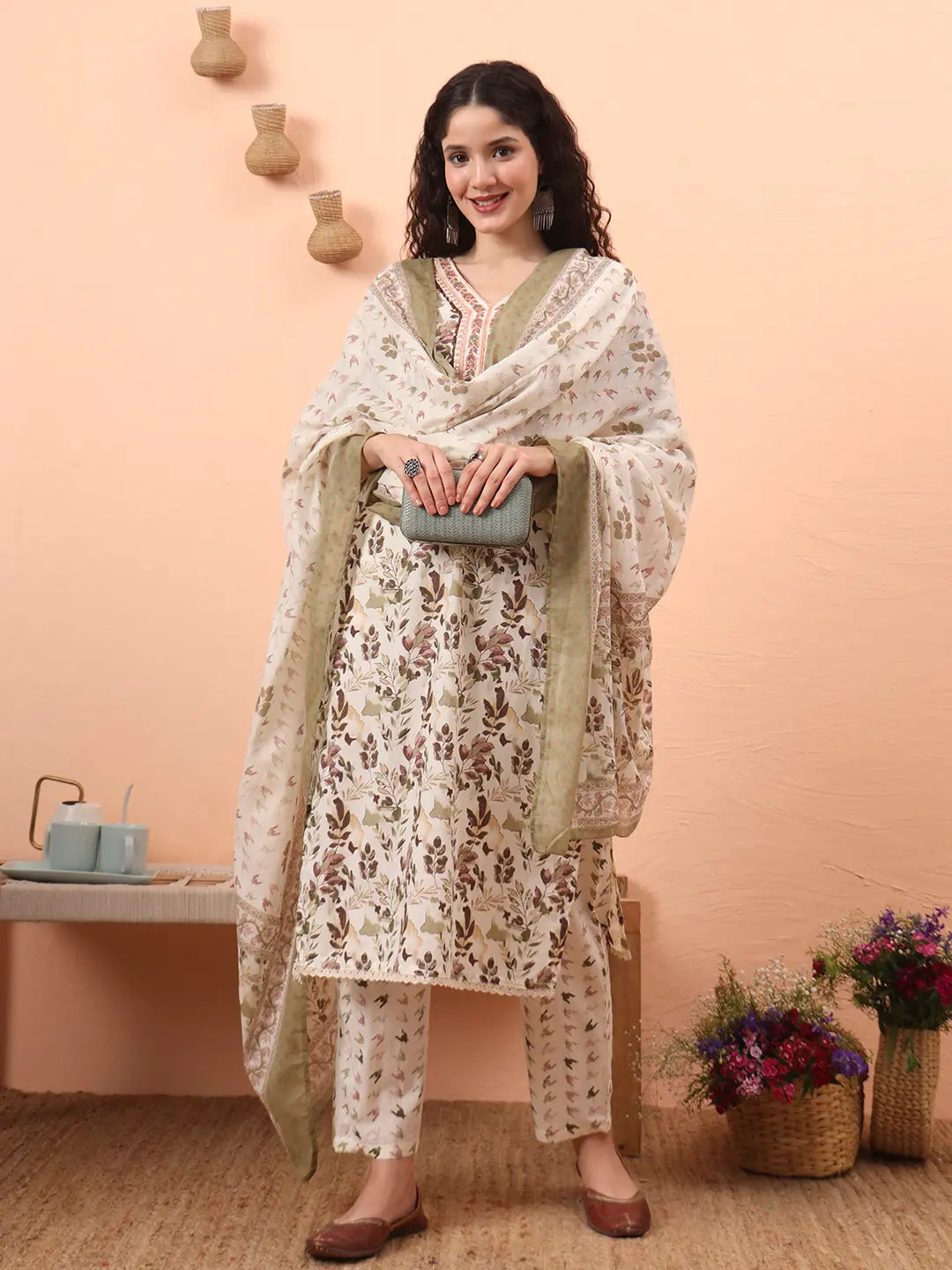 Green Straight Thread Work Kurta Trouser Dupatta Set