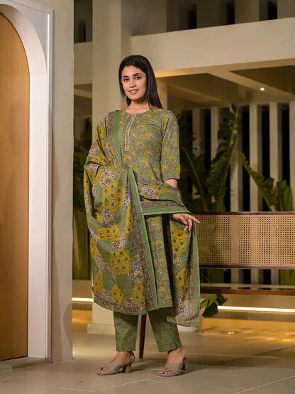 Green Thread Work Cotton Anarkali Style Kurta And Trousers With Dupatta Set