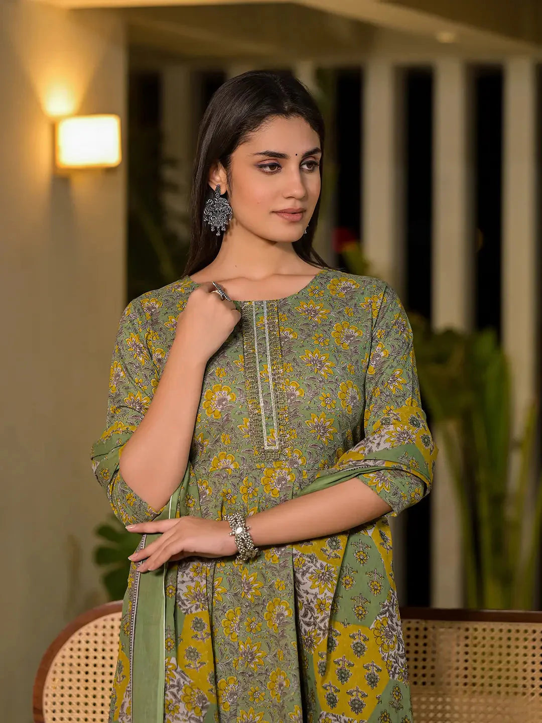 Green Thread Work Cotton Anarkali Style Kurta And Trousers With Dupatta Set