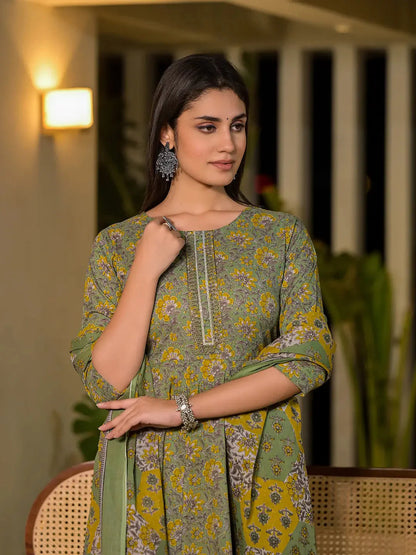 Green Thread Work Cotton Anarkali Style Kurta And Trousers With Dupatta Set
