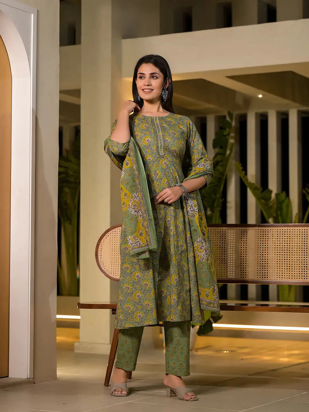 Green Thread Work Cotton Anarkali Style Kurta And Trousers With Dupatta Set