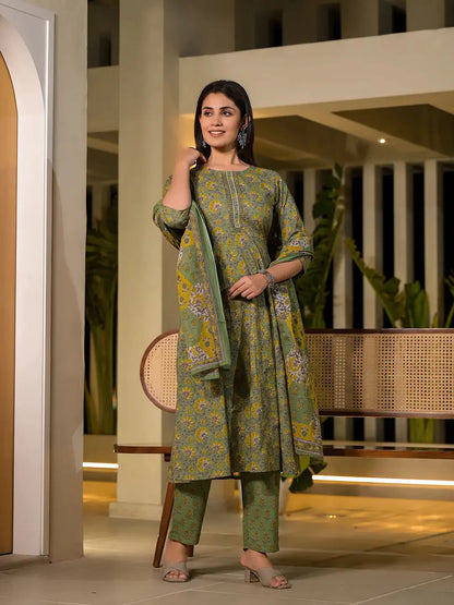 Green Thread Work Cotton Anarkali Style Kurta And Trousers With Dupatta Set