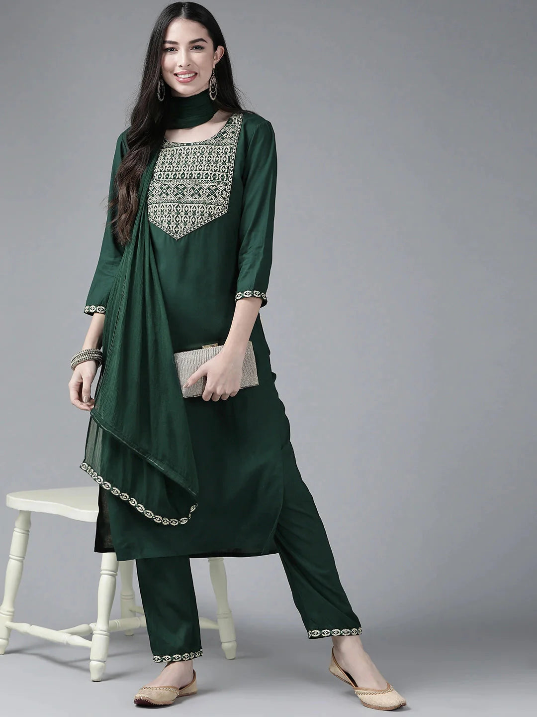 Green Yoke Design Dupatta Set