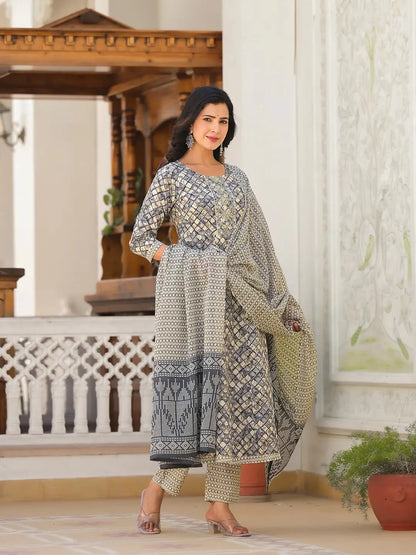 Grey Checkered Print Anarkali Kurta Trouser With Dupatta Set