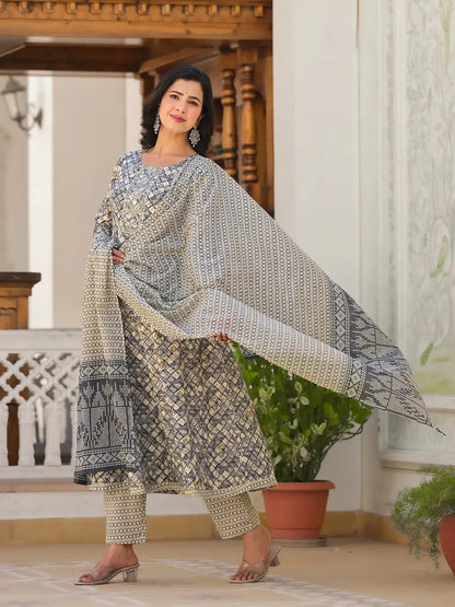 Grey Checkered Print Anarkali Kurta Trouser With Dupatta Set