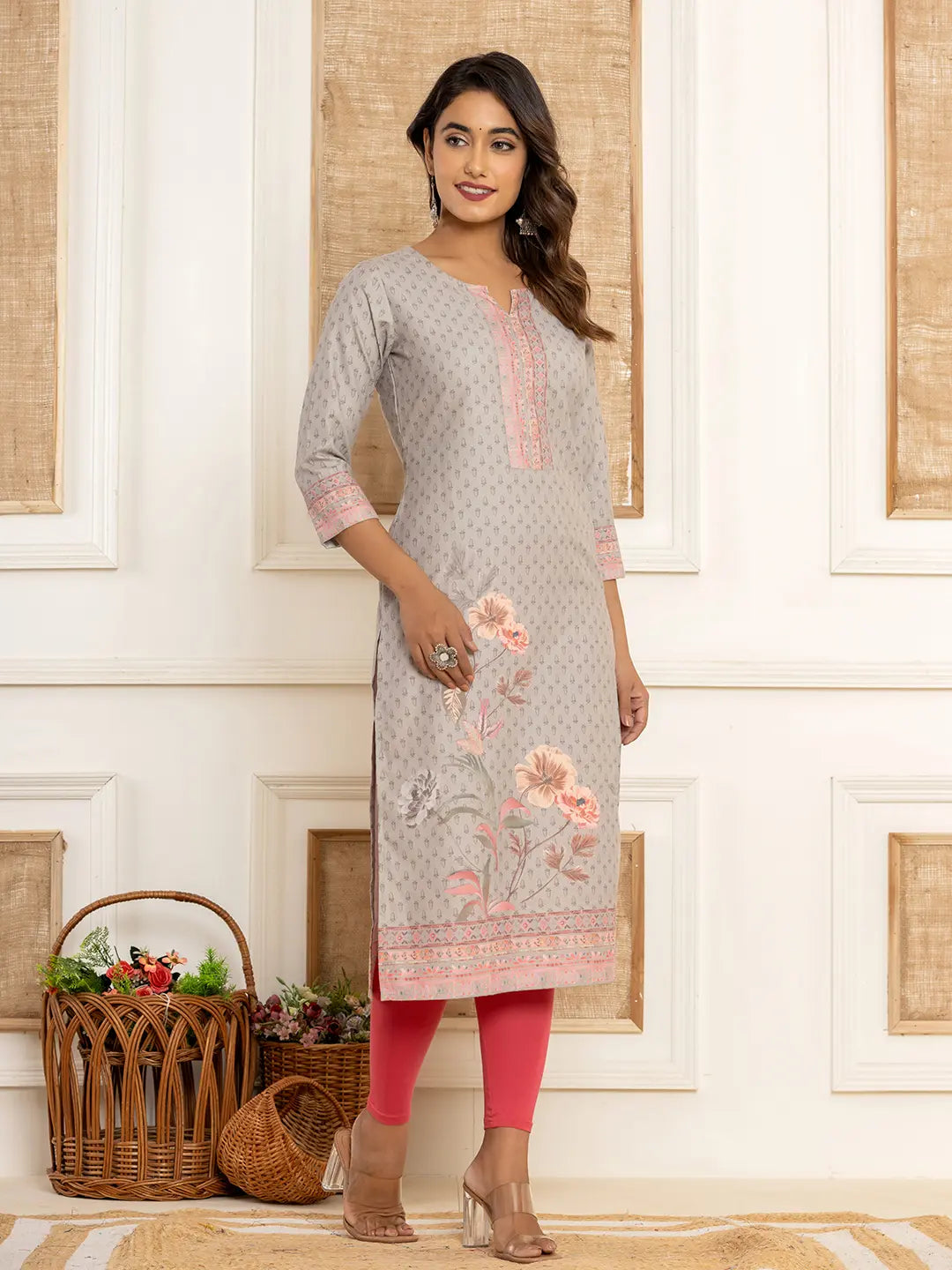 Grey Cotton A Line Kurta With Digital Print