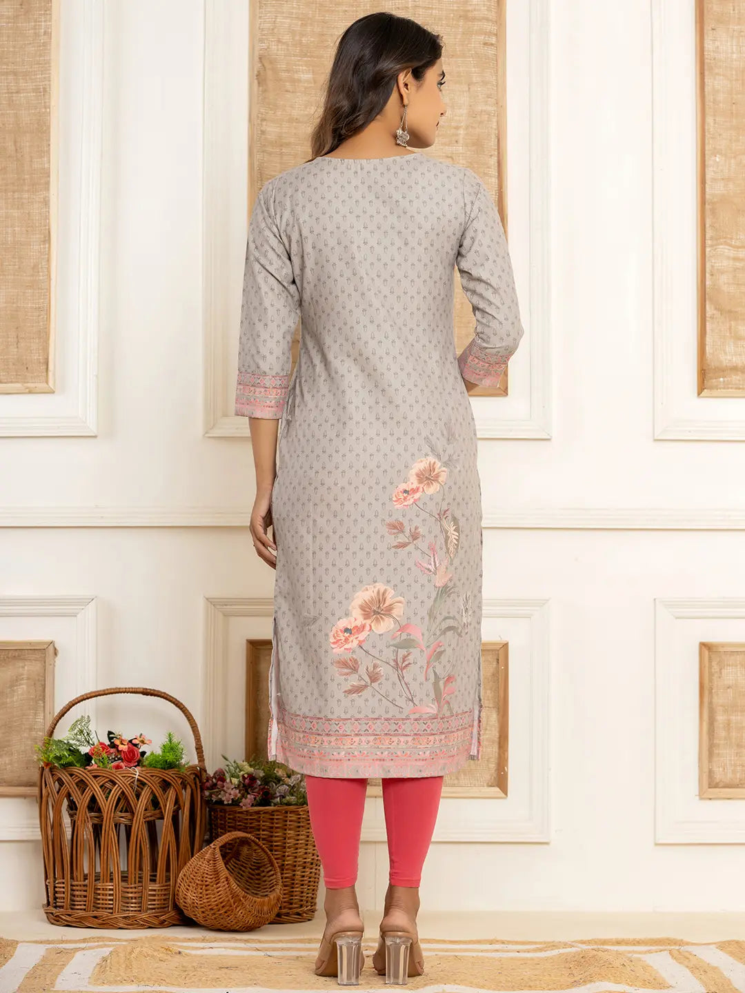 Grey Cotton A Line Kurta With Digital Print
