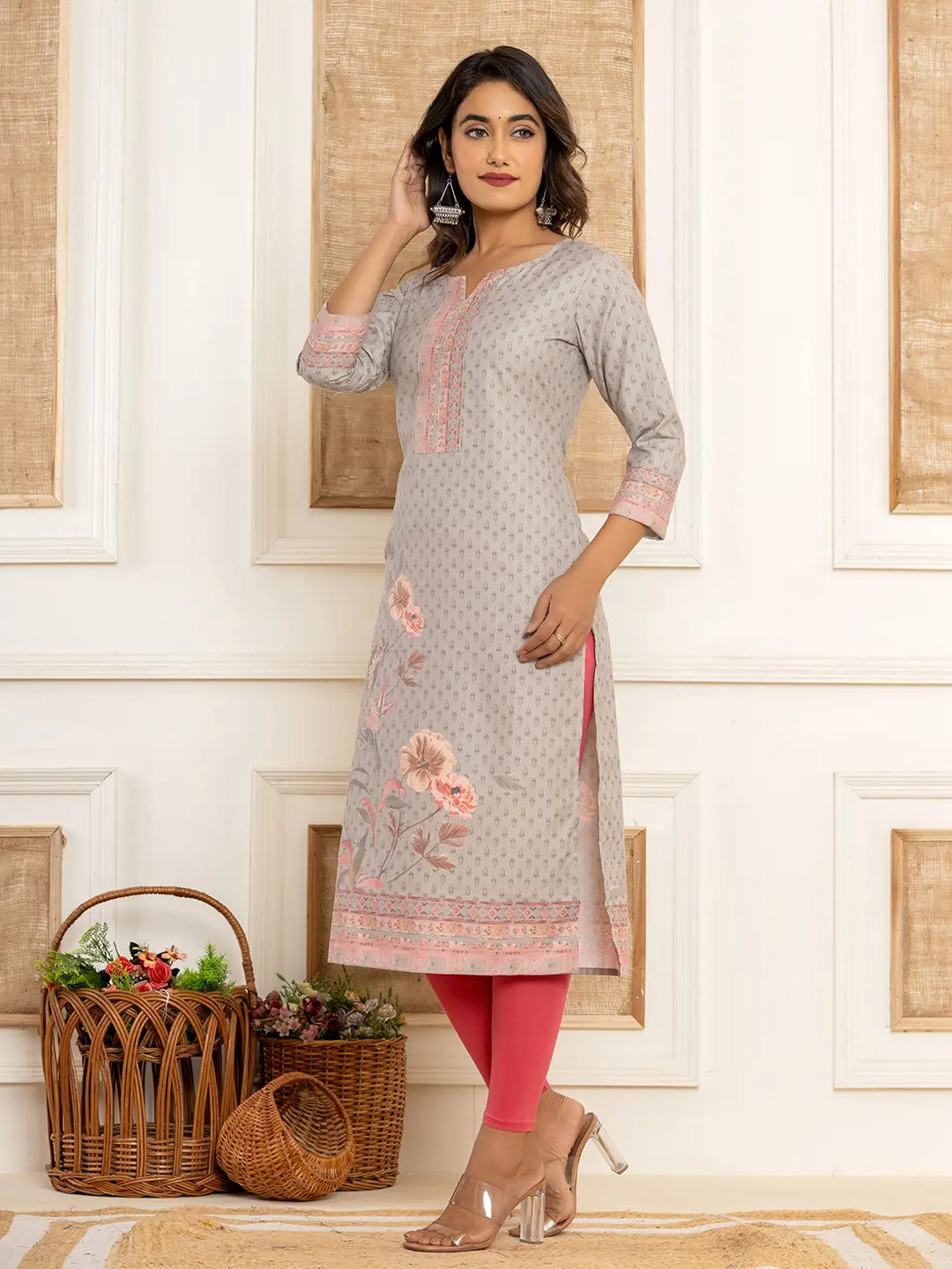 Grey Cotton A Line Kurta With Digital Print