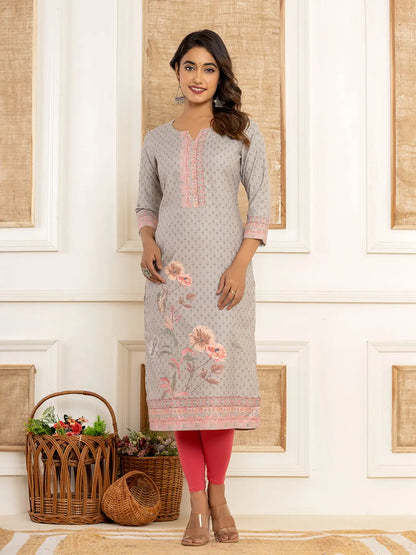 Grey Cotton A Line Kurta With Digital Print