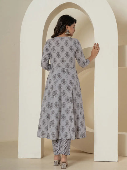 Grey Cotton Ethnic Motifs Kurta Dupatta Set