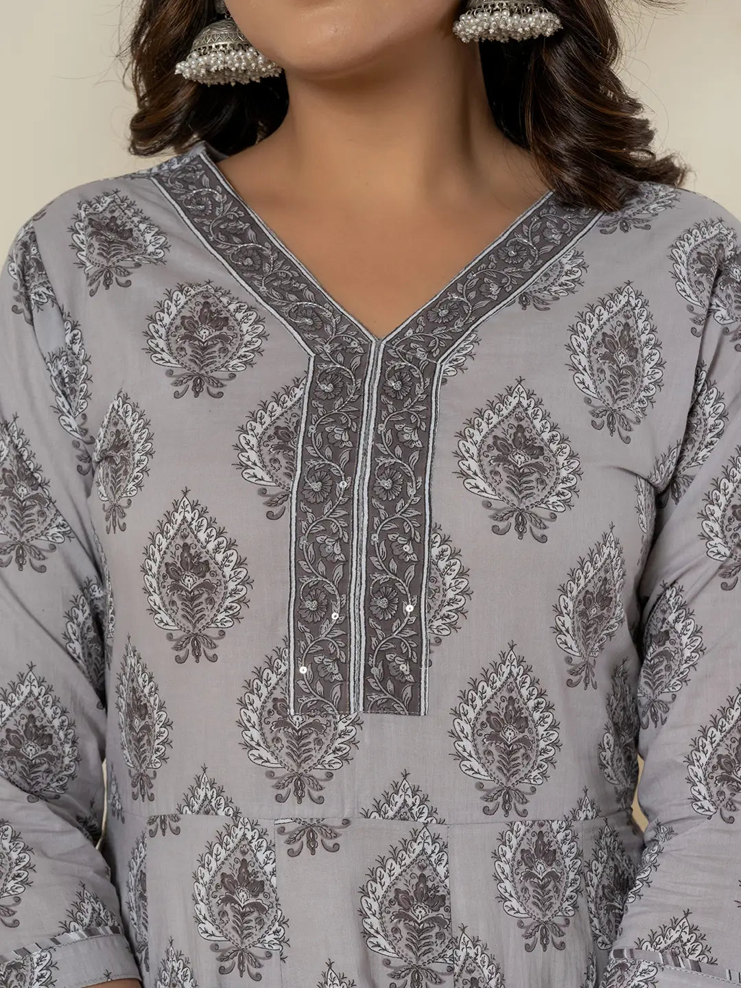 Grey Cotton Ethnic Motifs Kurta Dupatta Set