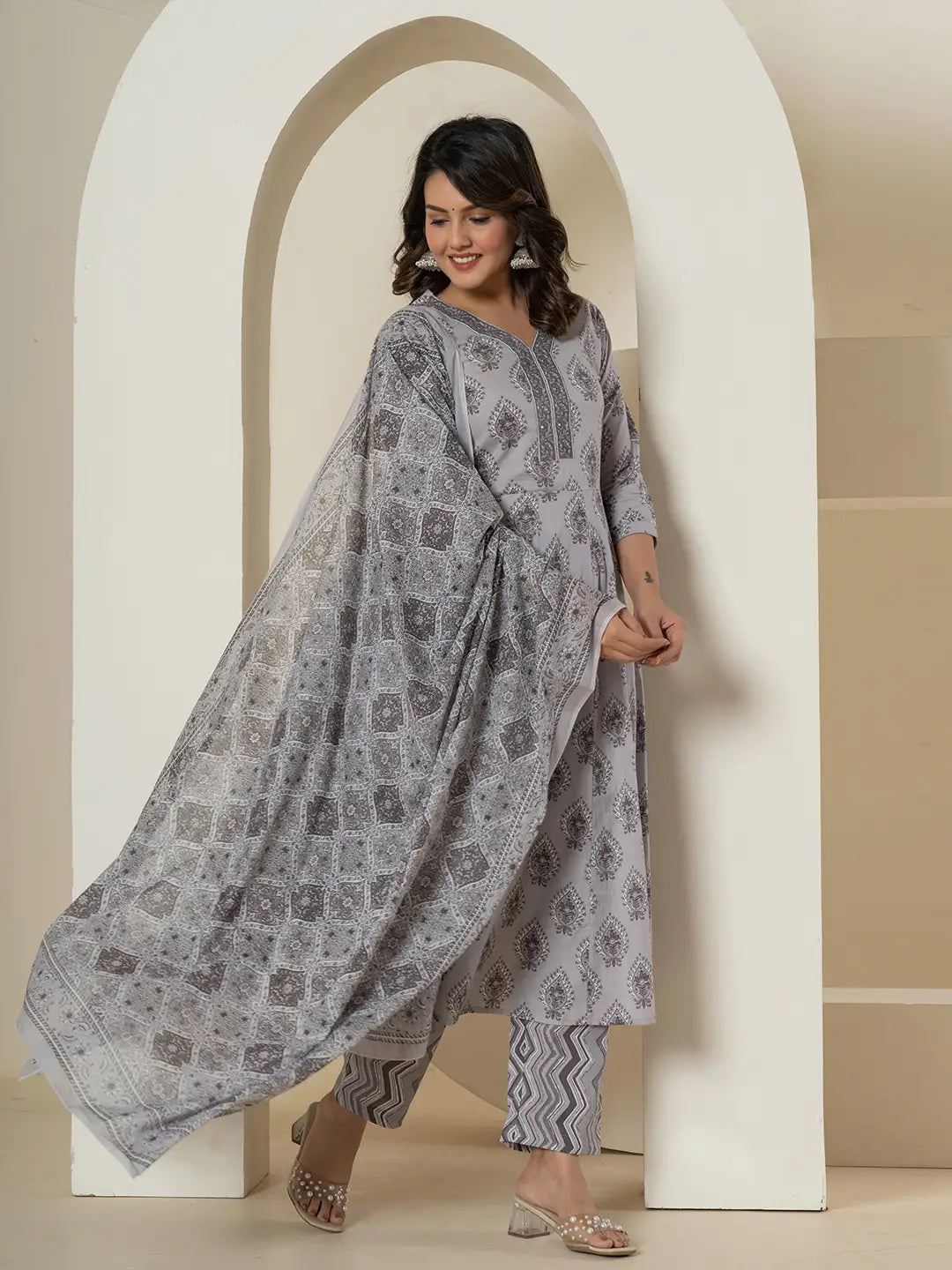 Grey Cotton Ethnic Motifs Kurta Dupatta Set
