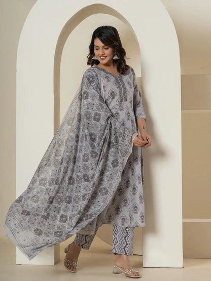Grey Cotton Ethnic Motifs Kurta Dupatta Set
