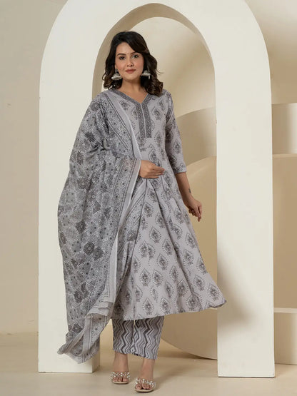 Grey Cotton Ethnic Motifs Kurta Dupatta Set