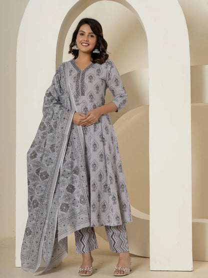 Grey Cotton Ethnic Motifs Kurta Dupatta Set
