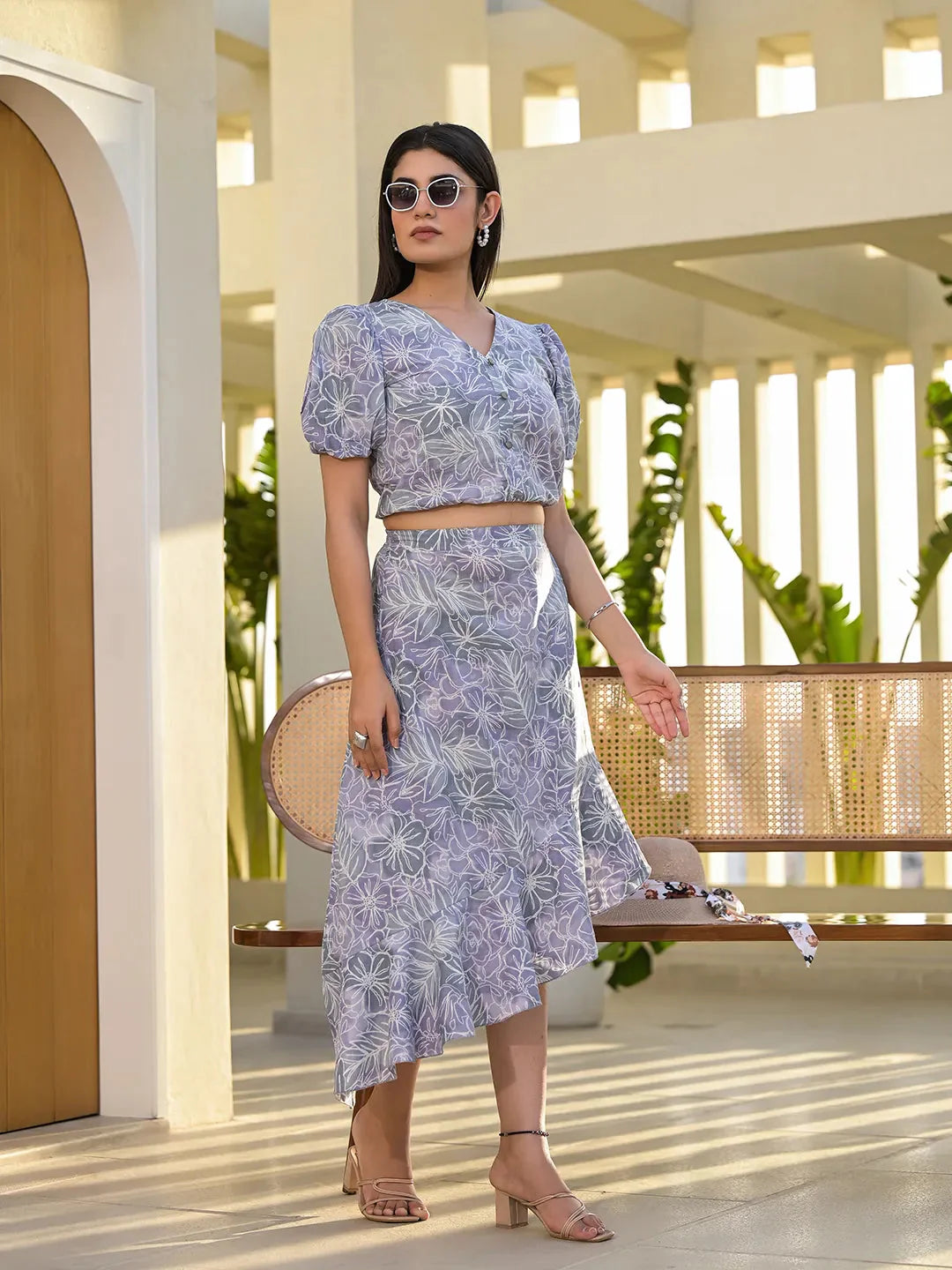 Grey Cotton Floral Print Co Ord Set