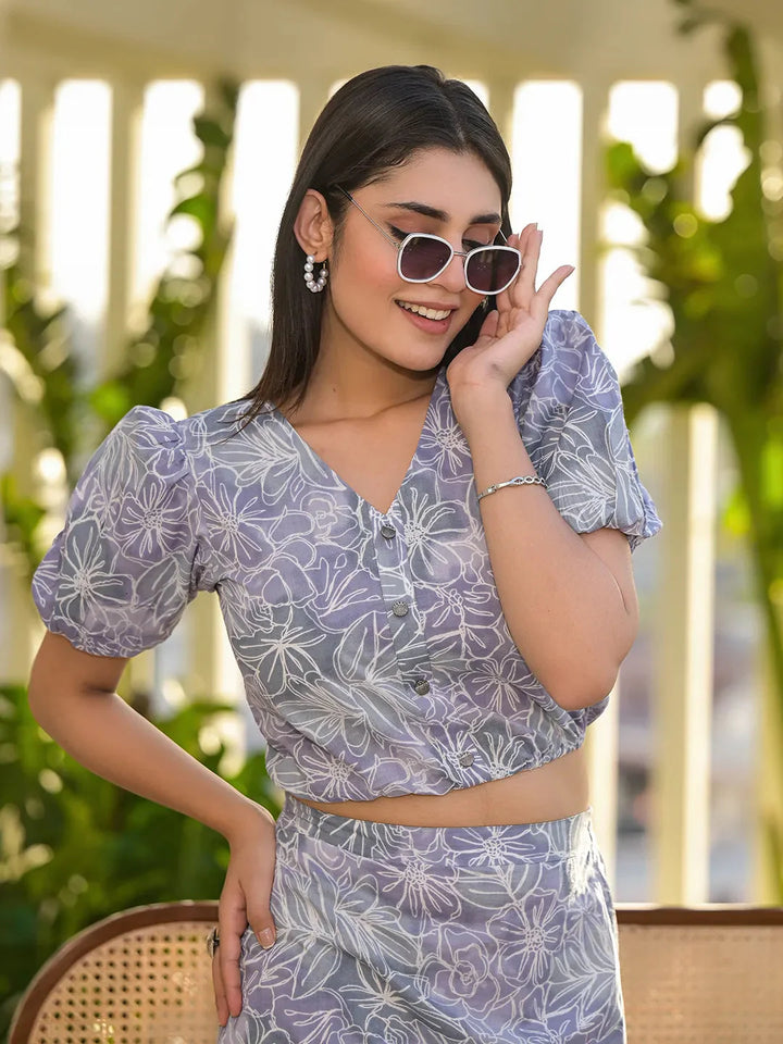 Grey Cotton Floral Print Co Ord Set