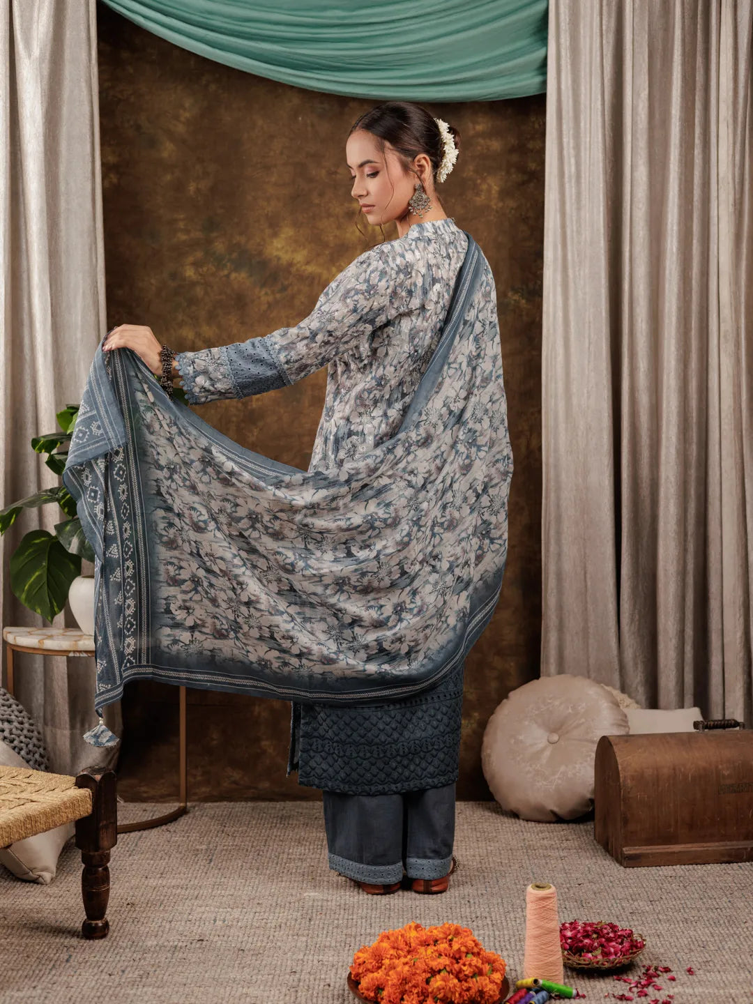 Grey Cotton Schiffli Kurta Dupatta Set With Lace Detailing