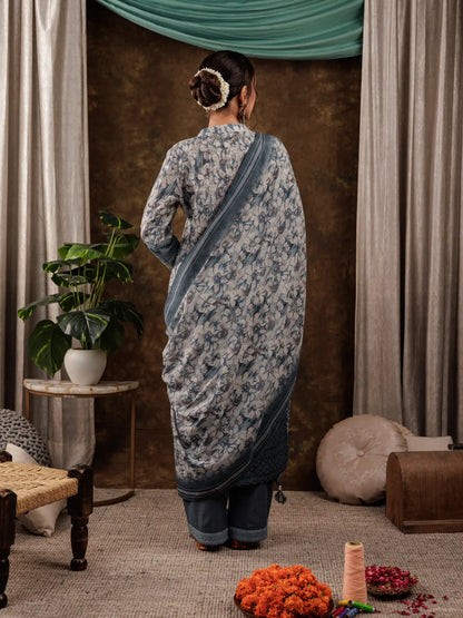Grey Cotton Schiffli Kurta Dupatta Set With Lace Detailing