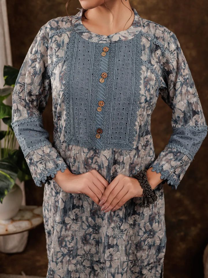 Grey Cotton Schiffli Kurta Dupatta Set With Lace Detailing