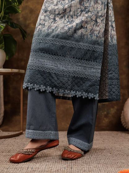 Grey Cotton Schiffli Kurta Dupatta Set With Lace Detailing