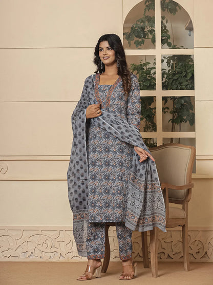 Grey Cotton Sequins Work Kurta Dupatta Set
