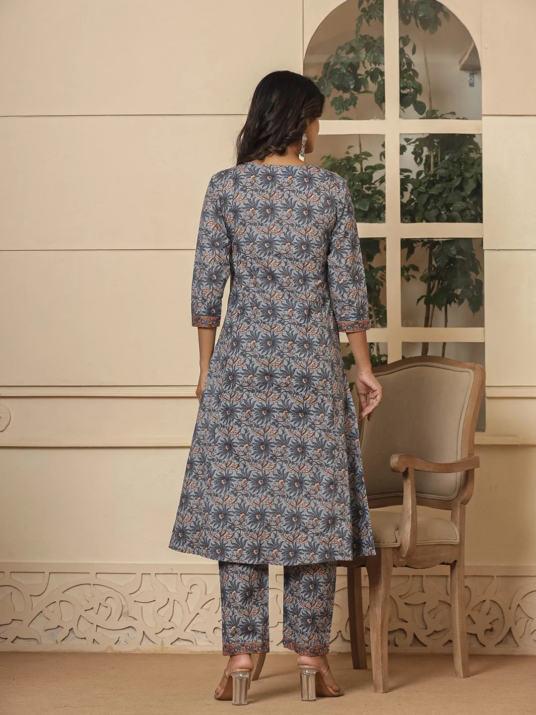 Grey Cotton Sequins Work Kurta Dupatta Set