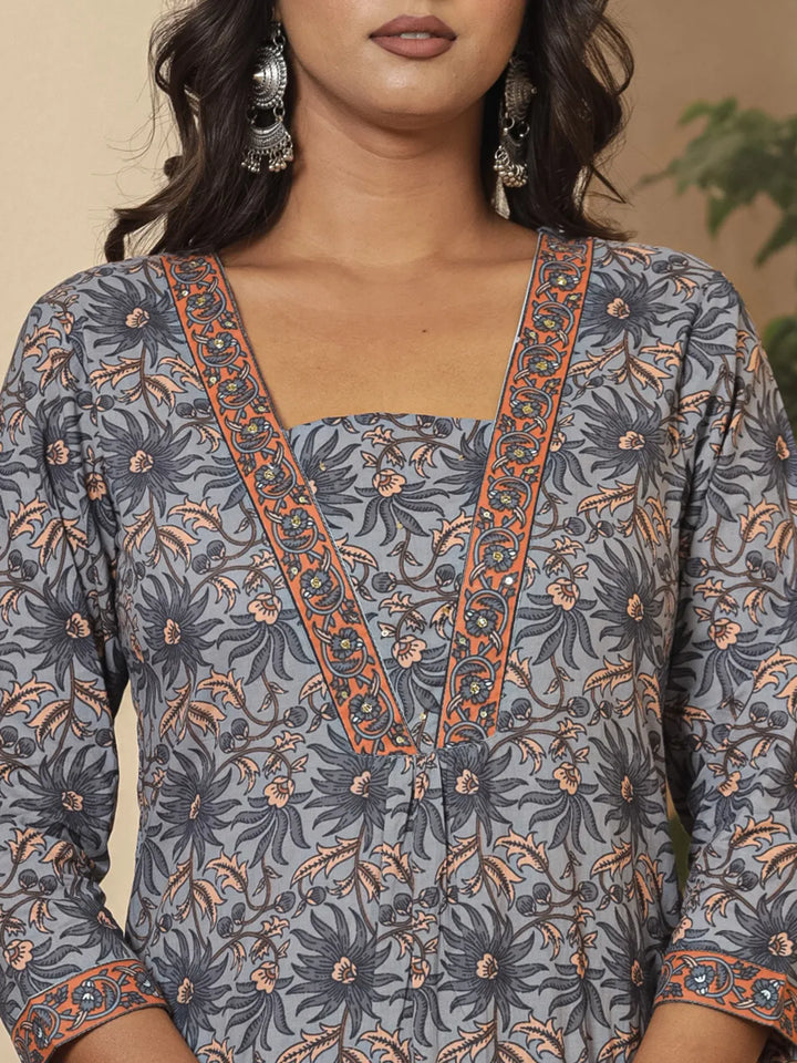 Grey Cotton Sequins Work Kurta Dupatta Set