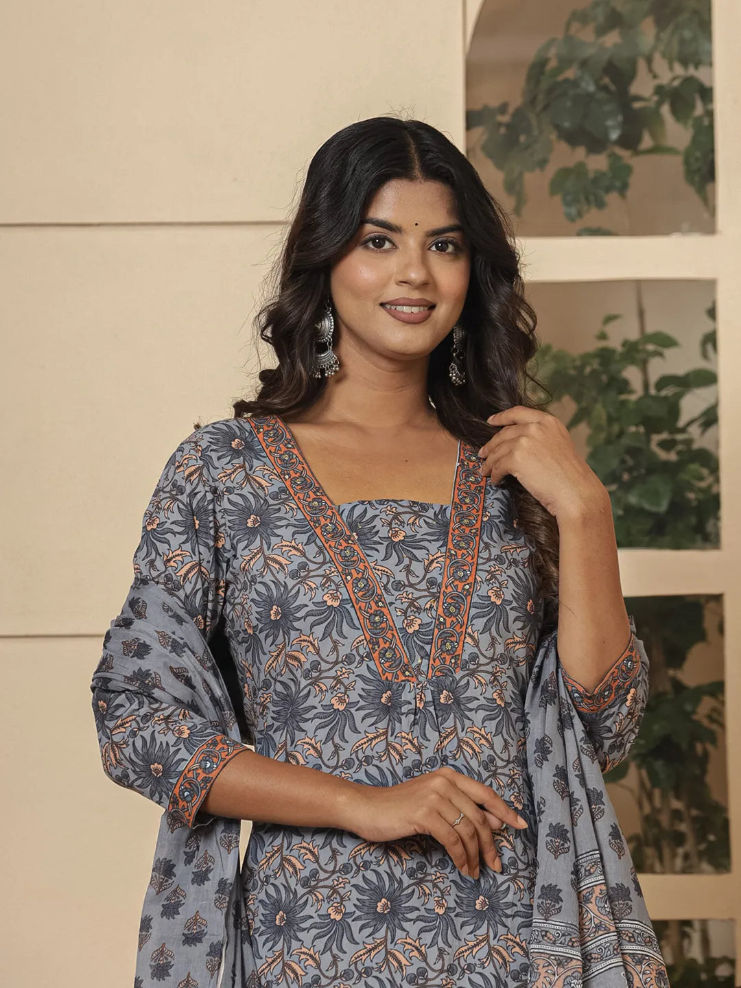 Grey Cotton Sequins Work Kurta Dupatta Set