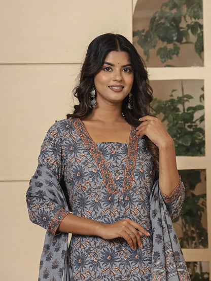 Grey Cotton Sequins Work Kurta Dupatta Set