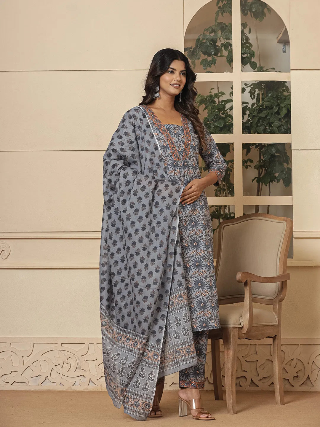 Grey Cotton Sequins Work Kurta Dupatta Set