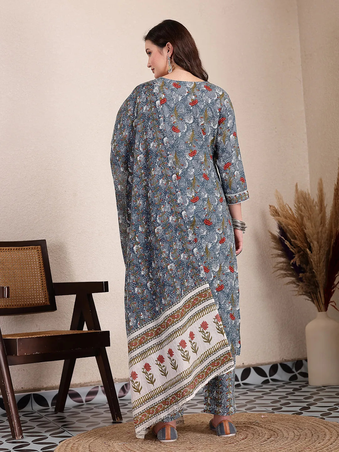 Grey Cotton Straight Kurta Dupatta Pant Set