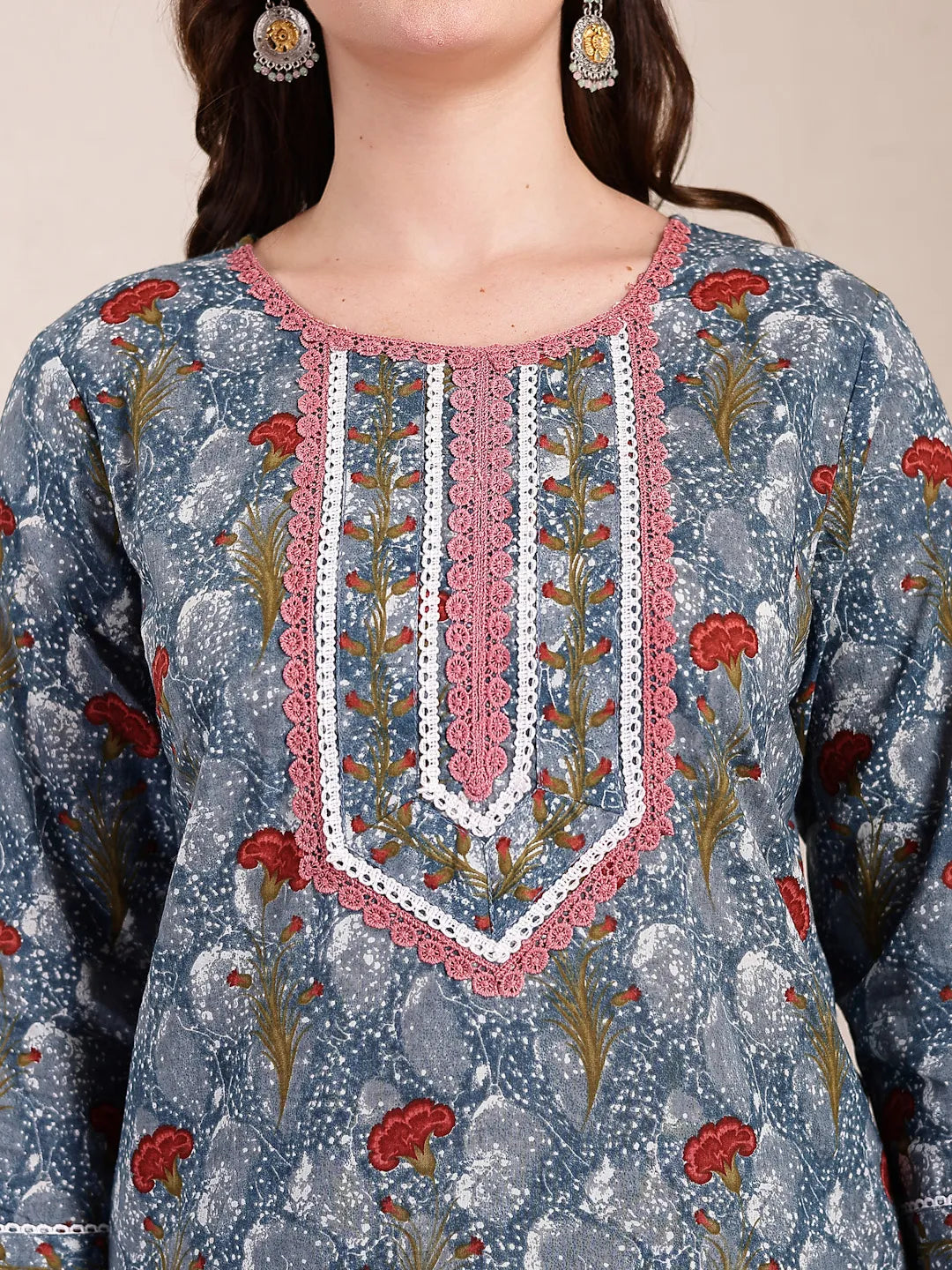 Grey Cotton Straight Kurta Dupatta Pant Set