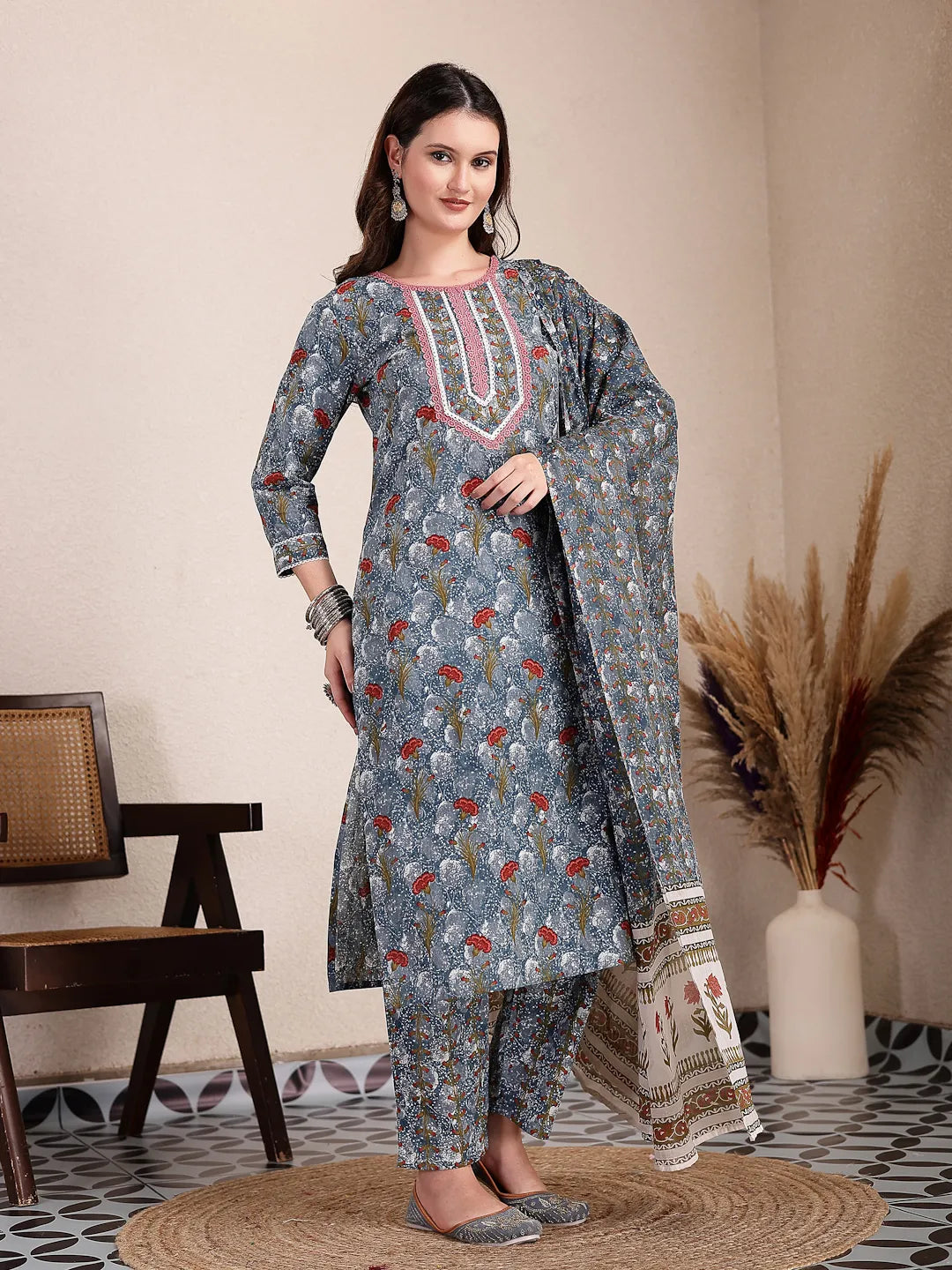 Grey Cotton Straight Kurta Dupatta Pant Set