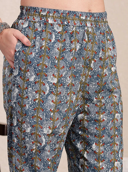 Grey Cotton Straight Kurta Dupatta Pant Set