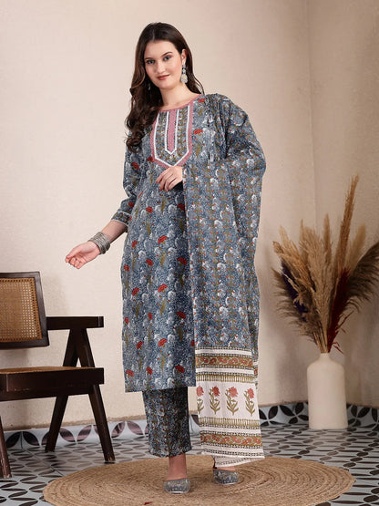 Grey Cotton Straight Kurta Dupatta Pant Set
