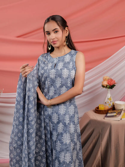 Grey Ethnic Motifs Cotton A Line Kurta Trouser & Dupatta Set