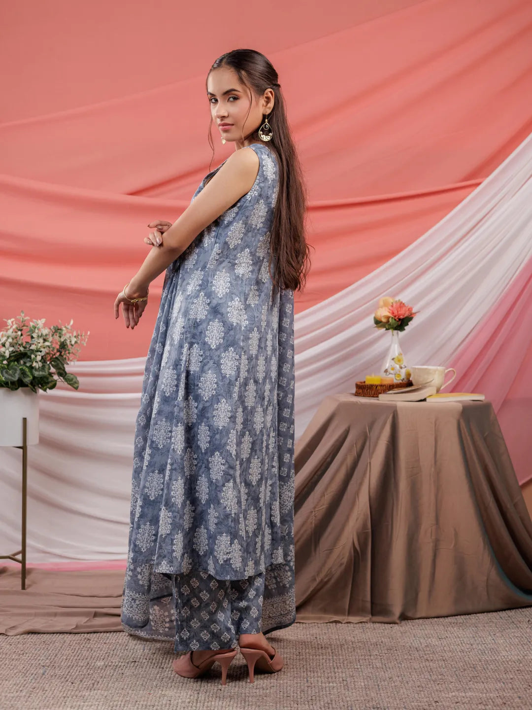 Grey Ethnic Motifs Cotton A Line Kurta Trouser & Dupatta Set