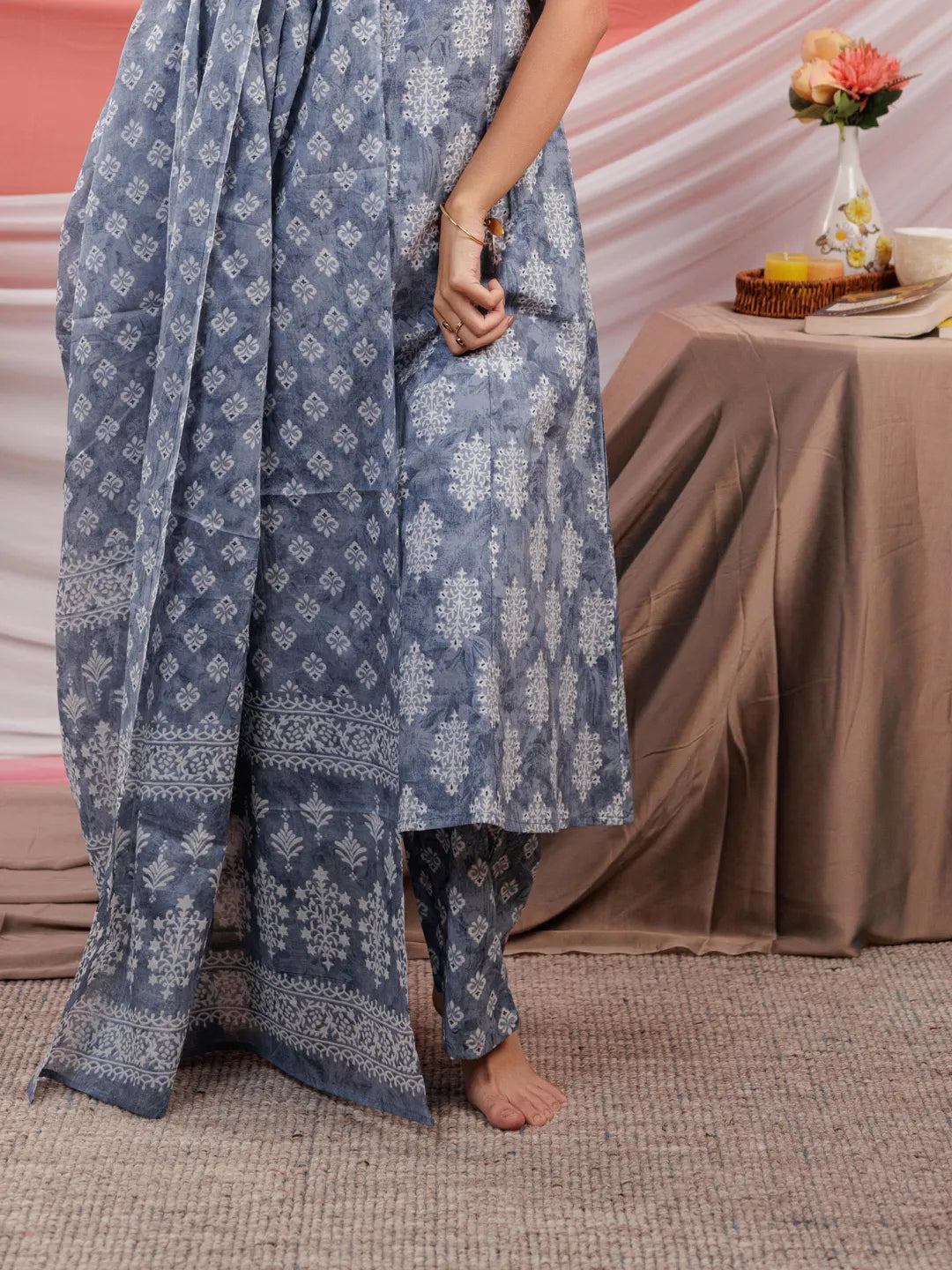 Grey Ethnic Motifs Cotton A Line Kurta Trouser & Dupatta Set