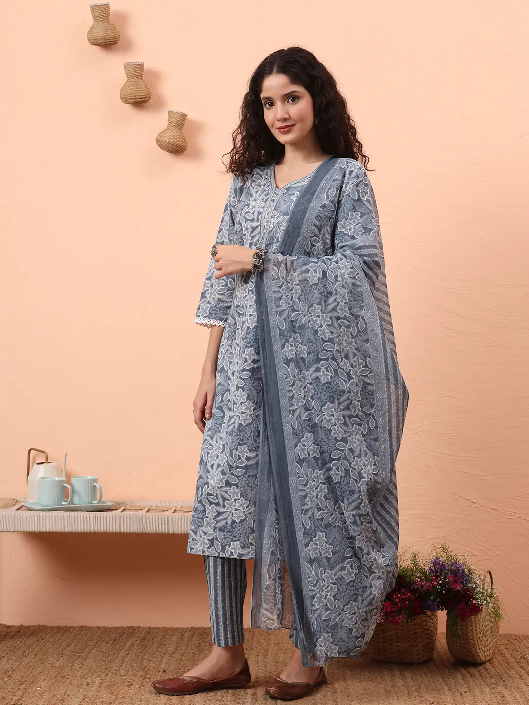 Grey Ethnic Motifs Pure Cotton Straight Kurta Pant Set