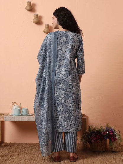 Grey Ethnic Motifs Pure Cotton Straight Kurta Pant Set