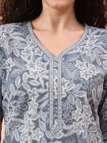 Grey Ethnic Motifs Pure Cotton Straight Kurta Pant Set