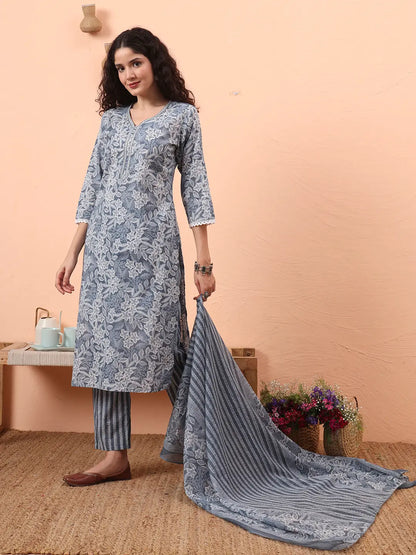 Grey Ethnic Motifs Pure Cotton Straight Kurta Pant Set