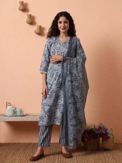 Grey Ethnic Motifs Pure Cotton Straight Kurta Pant Set
