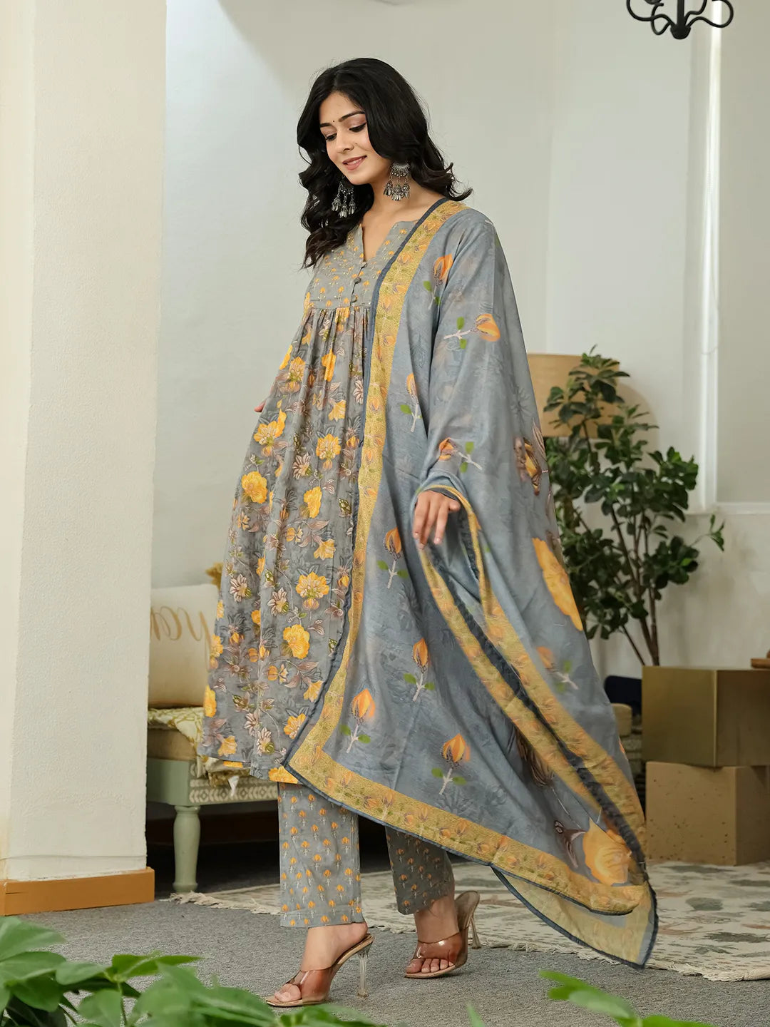 Grey Floral Print Aline Kurta Trouser Dupatta Set