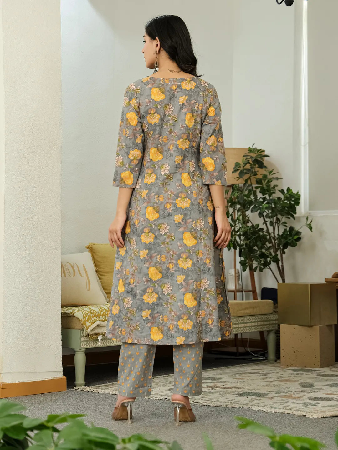 Grey Floral Print Aline Kurta Trouser Dupatta Set